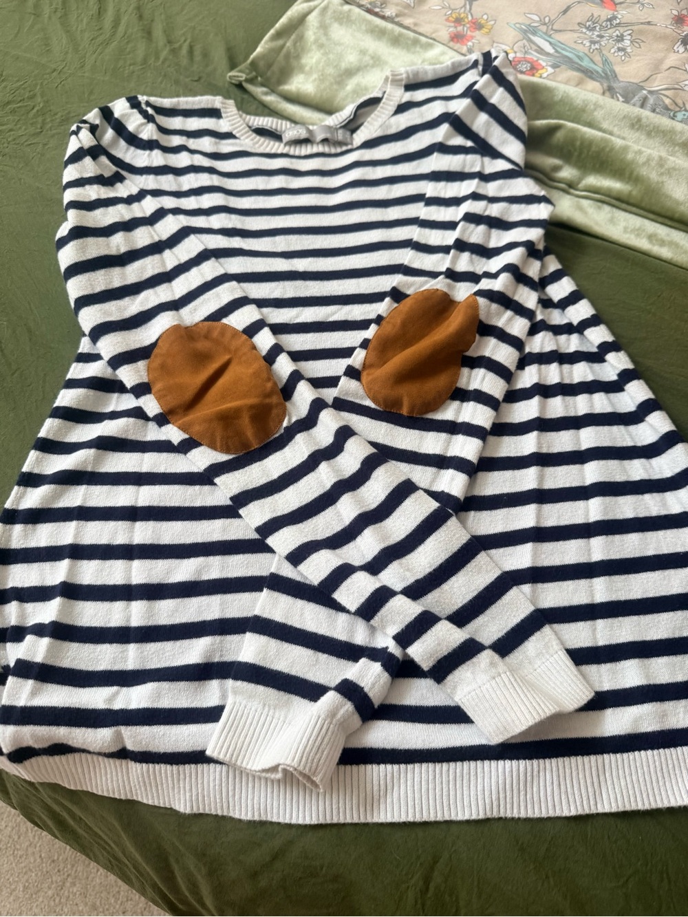 ASOS Navy and White Striped Sweater with Brown Elbow Patches